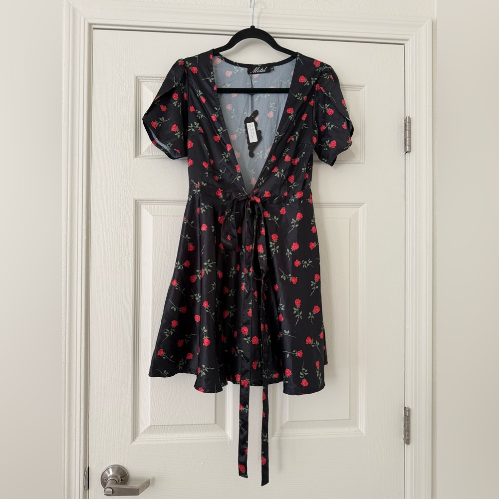 UO Motel Black Rose Satin Wrap Dress